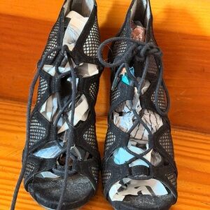 Women’s Black Lace-Up Mesh Peep-Toe Heels